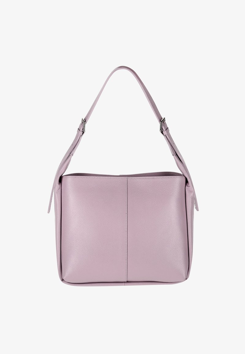 Lyserød læder skuldertaske med en glat overflade, rektangulær form, justerbar rem og minimalistisk design uden synligt hardware.