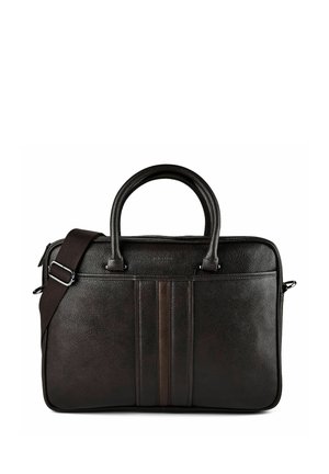 Black leather briefcase with dual handles and adjustable shoulder strap, featuring a vertical stripe design on the front panel.