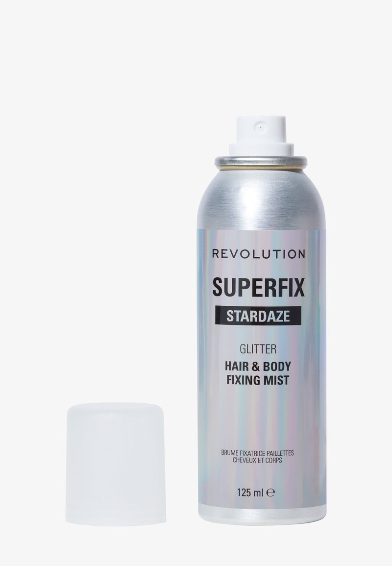 Silver sprayflaska med iriserande yta, märkt "SUPERFIX STARDAZE." Inkluderar en vit spraykåpa och innehåller 125 ml glittrande dimma.