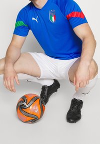 Niebieska koszulka piłkarska z zielonymi i czerwonymi akcentami, logo na klatce piersiowej; białe spodenki; czarne korki piłkarskie; pomarańczowa, wzorzysta piłka na ziemi.