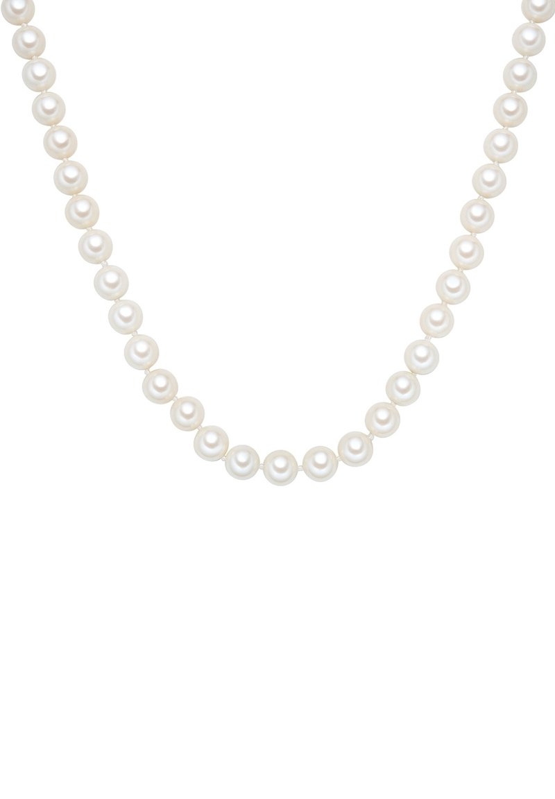 Rangée de perles blanches rondes et uniformément espacées formant un collier sur un fond blanc.