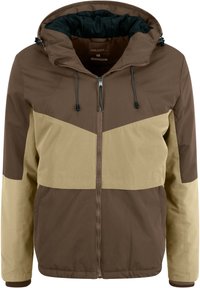 Brown and tan color-blocked jacket with a hood, featuring a front zipper and drawstring adjustments, made from durable fabric.