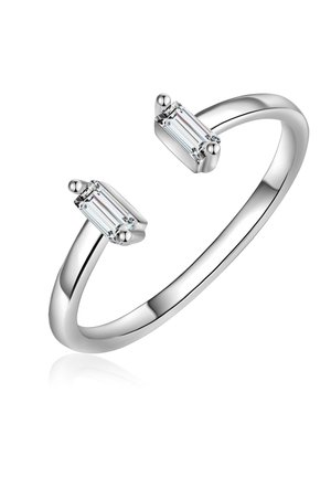 Silver ring featuring two rectangular, clear stones at each end, with a smooth, polished band and minimalist design.