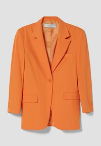 Blazer arancione realizzato in tessuto liscio, con rever a punta, chiusura con bottone frontale e due tasche laterali. Interno foderato visibile.