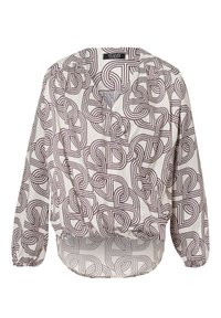 Blouse met lange mouwen in crèmekleurige stof met een bordeauxrode geometrische spiraalprint, wikkelontwerp en afgeronde zoom aan de achterkant.