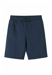 Granatowe szorty z miękkiego materiału, z elastycznym pasem ściąganym sznurkiem, dwiema bocznymi kieszeniami oraz małym wytłoczonym logo na dolnej lewej części.