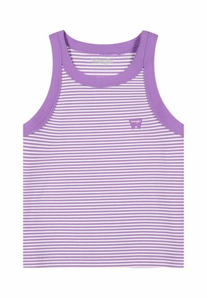 Camiseta sin mangas de rayas moradas y blancas con escote redondeado y pequeño logo de Wrangler en el pecho.
