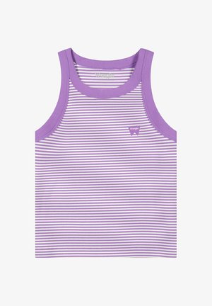 Camiseta sin mangas de rayas moradas y blancas con escote redondeado y pequeño logo de Wrangler en el pecho.
