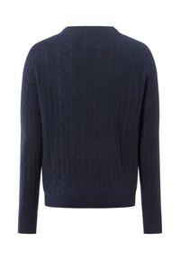 Marineblauer Strickpullover mit Zopfmuster, langen Ärmeln und Rundhalsausschnitt. Hergestellt aus weichem, strukturiertem Material für mehr Komfort.