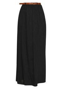 Falda maxi negra con diseño fluido, presenta una cintura fruncida y un cinturón marrón. Hecha con tela ligera, textura suave.