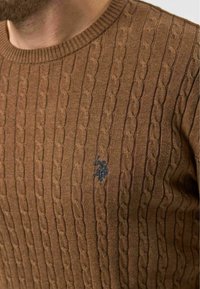 Pull marron en maille torsadée avec col côtelé. Présente un petit logo brodé bleu sur la poitrine. Texture douce et coupe ajustée.