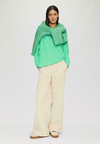 Mintgroene blouse met lange mouwen, crème wijde broek en een gestructureerde groene gebreide trui over de schouders gedrapeerd. Lichte schoenen maken de outfit compleet.