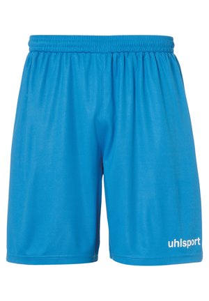 Pantalones cortos deportivos azules elaborados con una tela suave, que cuentan con una cintura elástica y un logo blanco en la parte inferior derecha.