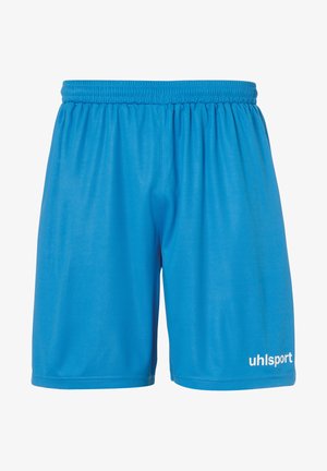 Blå atletiske shorts lavet af glat stof, med en elastisk talje og et hvidt logo nederst til højre.