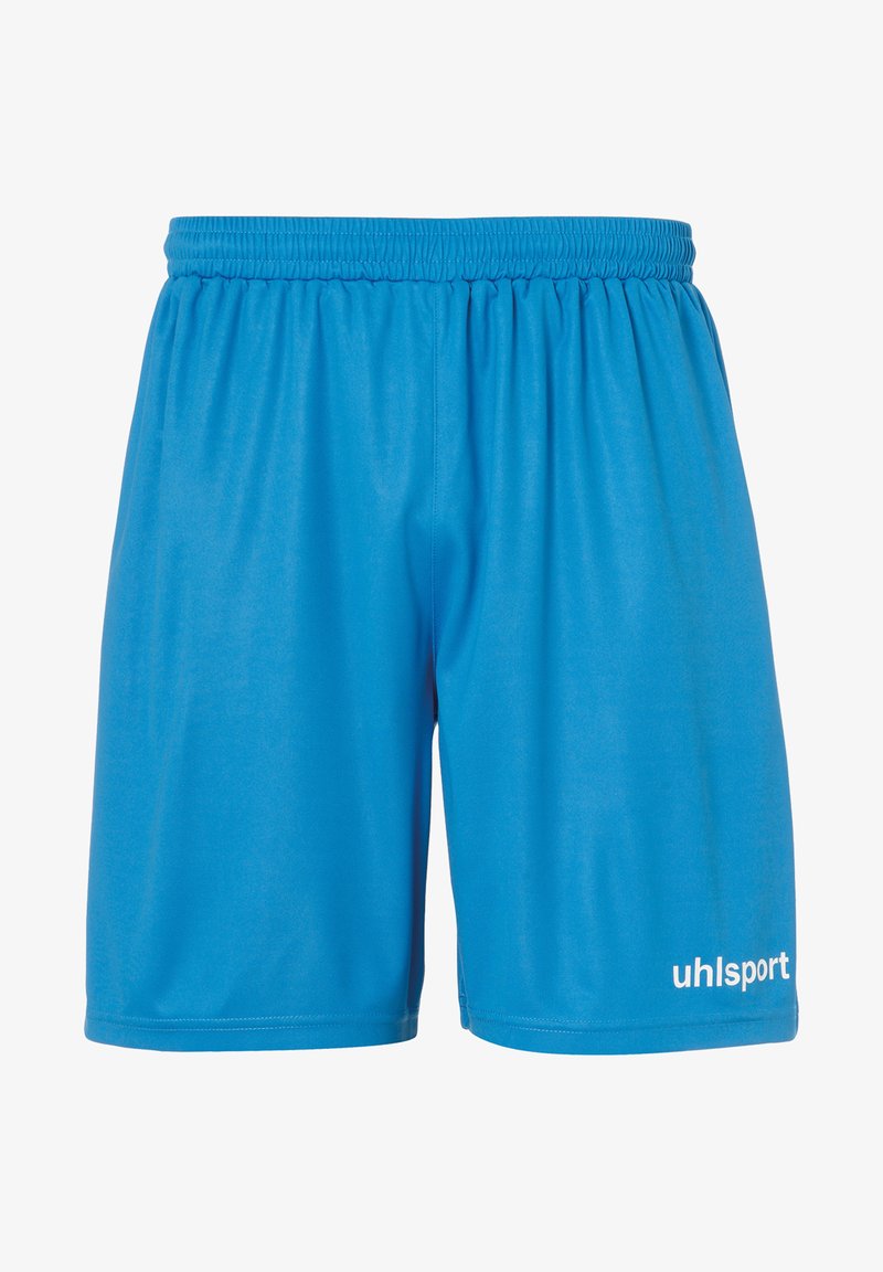 Pantaloni sportivi blu realizzati in tessuto liscio, con vita elastica e un logo bianco sul lato destro in basso.