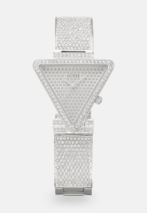 Silver triangular watch with a crystal-studded design. Features a patterned dial and a sparkly bracelet strap, enhancing its geometric shape.