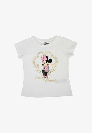T-shirt en coton blanc à manches courtes, avec un motif imprimé de Minnie Mouse en rose et noir, entouré d'accents dorés.