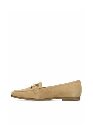 Beige suede flat loafer with gold chain detail on upper, rounded toe, and low stacked heel.