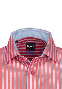 Camicia a righe rossa e azzurro chiaro con chiusura a bottoni, colletto di vestibilità regolare e bottoni standard. Contrasto all'interno del colletto in azzurro chiaro.