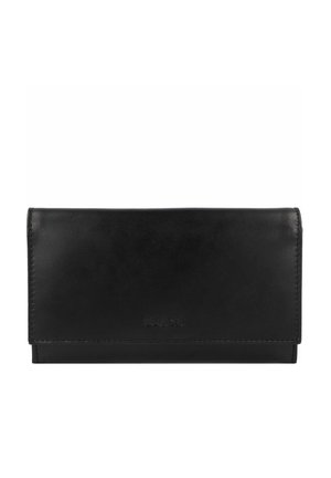 Portafoglio in pelle nera, forma rettangolare, texture liscia, design minimalista, logo del marchio impresso, chiusura a piega singola, nessun hardware visibile.