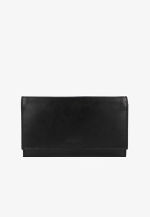 Zwarte leren portemonnee, rechthoekige vorm, gladde textuur, minimalistisch ontwerp, blindgeprinte merklogo, enkele vouwsluiting, geen zichtbare hardware.