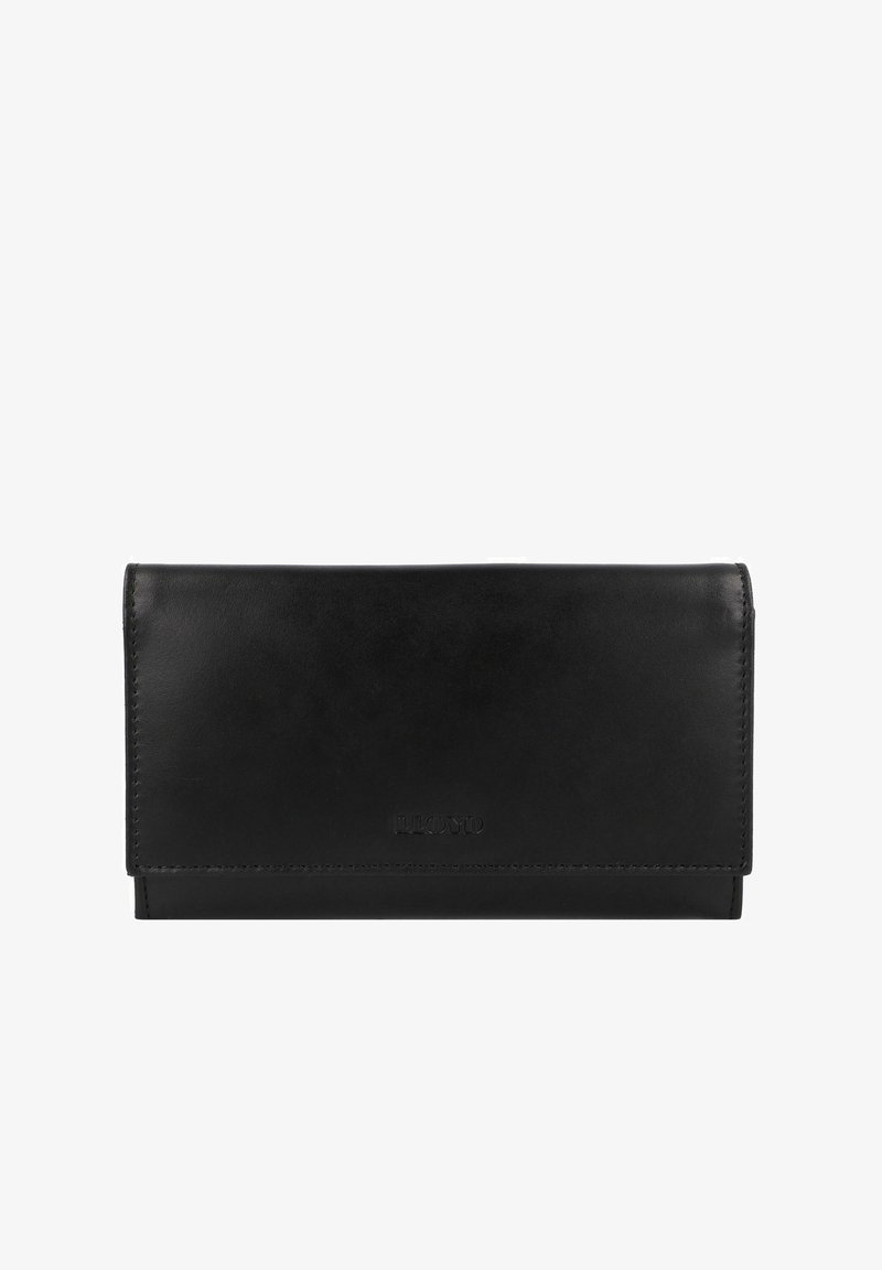 Billetera de cuero negro, forma rectangular, textura suave, diseño minimalista, logo de la marca embosado, cierre de una sola pliegue, sin hardware visible.