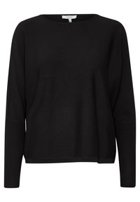 Pull noir à manches longues avec un col rond et une texture côtelée sur les manches. Coupe décontractée et matériau doux, avec un design minimaliste.