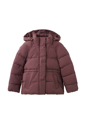Braune, wattierte Winterjacke mit Kapuze und Fronttaschen, für kaltes Wetter mit horizontaler Steppung und Ärmeln in voller Länge.