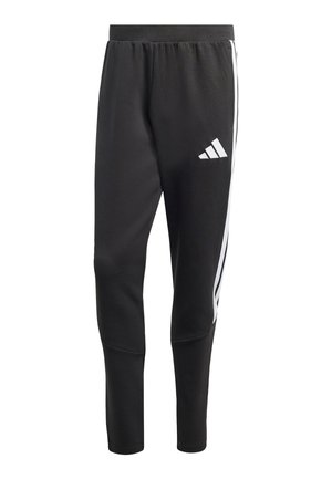 Pantalon de sport noir effilé avec taille élastique, bandes blanches sur les côtés et logo Adidas blanc sur la partie supérieure de la cuisse gauche.