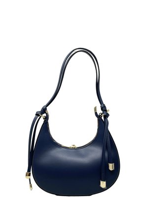 Borsa a tracolla in pelle blu scuro dalla forma arrotondata, con una singola tracolla e accenti decorativi a cordoncino. Presenta dettagli in metallo color oro.