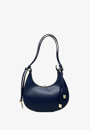 Borsa a tracolla in pelle blu scuro dalla forma arrotondata, con una singola tracolla e accenti decorativi a cordoncino. Presenta dettagli in metallo color oro.