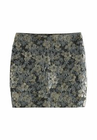 Sort mini nederdel med tekstureret sølv- og guldblomsterdesign, lige snit og lynlås i siden på hvid baggrund.