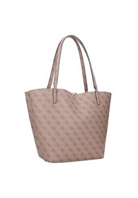 Sac fourre-tout beige au motif matelassé, doté de deux poignées de shoulder et d'une fermeture éclair. Fabriqué en matériau synthétique texturé avec des accents de logo subtils.