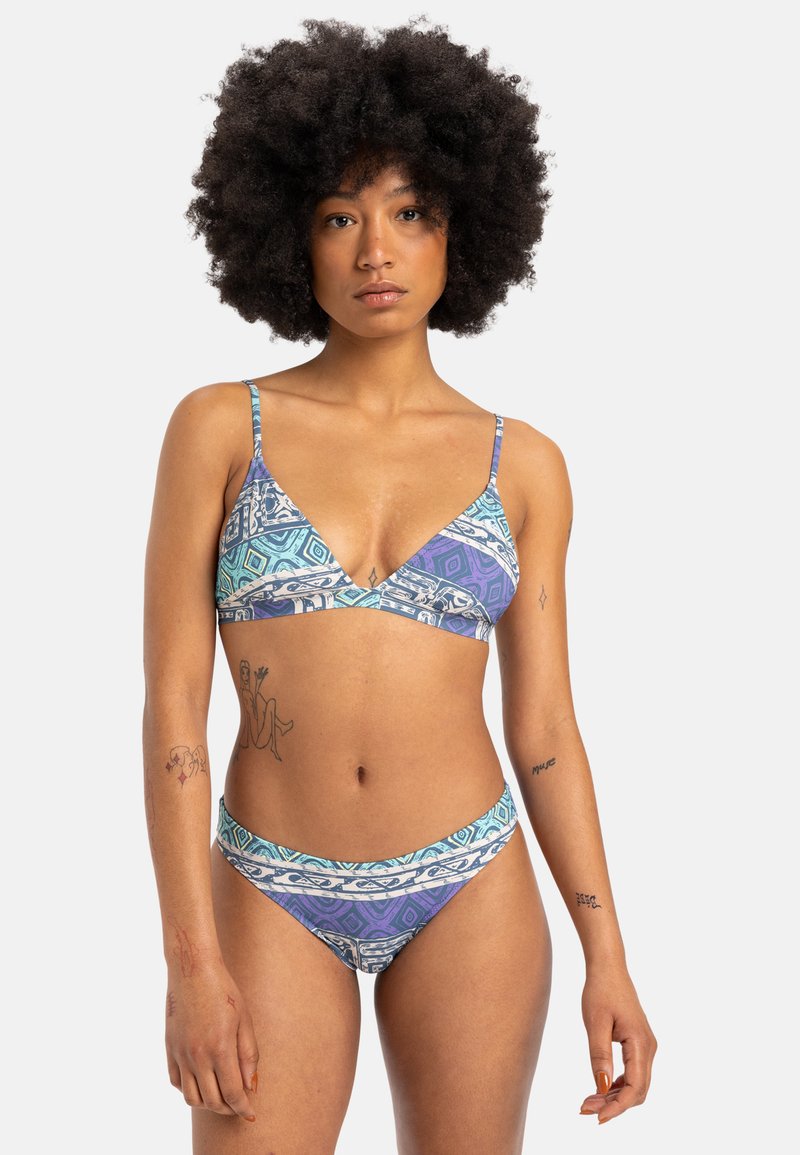 Bikini set with triangular top and matching bottoms. Features a geometric pattern in blue and purple tones, made from smooth material.