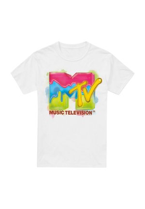 Weißes Baumwoll-T-Shirt mit einem bunten MTV-Logo in Pink und Gelb, darunter steht der Text "MUSIC TELEVISION" in fettem Orange.