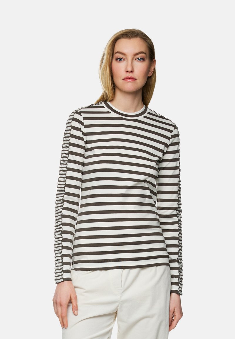 Langarmshirt mit horizontalen braunen und weißen Streifen, Rundhals und gerafftem Stoff an den Ärmeln. Baumwollmischung.