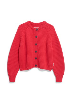Red knitted cardigan with a crew neck, long sleeves, and six black front buttons. Features ribbed texture and a relaxed fit.