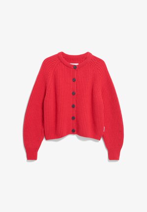 Red knitted cardigan with a crew neck, long sleeves, and six black front buttons. Features ribbed texture and a relaxed fit.