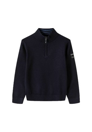 Marinefarbener Reißverschluss-Pullover aus weichem Strickstoff, mit einem gerippten Kragen, langen Ärmeln und einem kleinen Logoschild auf dem linken Ärmel.
