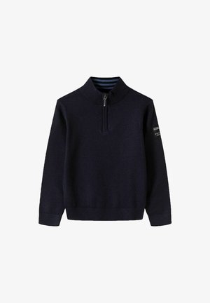 Tumed zip-ülese kampsun pehmest kudumisest, millel on soonikkoes krae, pikad varrukad ja väike logodetail vasakul varrukal.