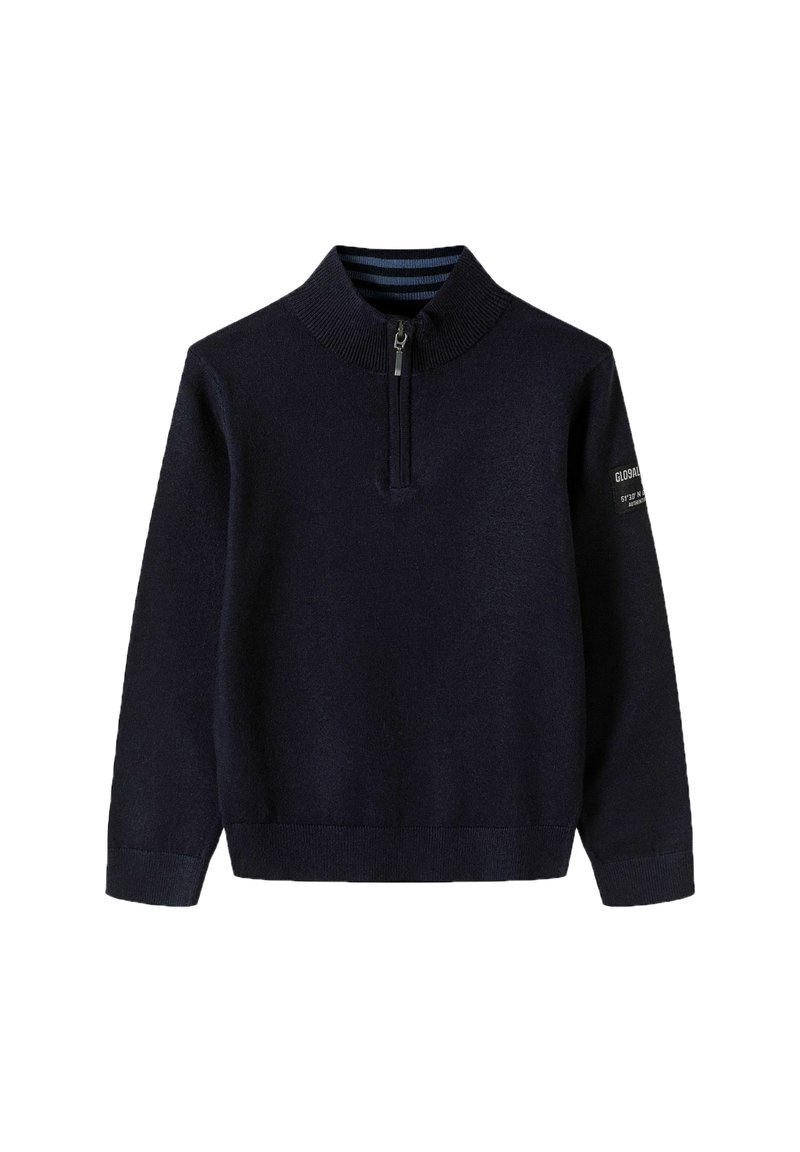Mornarska zip-up jopica iz mehkega pletenega materiala, z rebrastim ovratnikom, dolgimi rokavi in majhnim logotipom na levem rokavu.