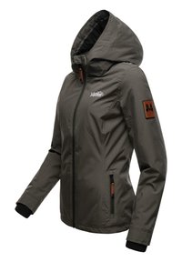 Water-resistant gray jacket with a hood, featuring a zippered front, black cuffs, and a brown leather logo patch on the sleeve.