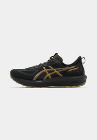 Black athletic shoe with a mesh upper, orange and blue accents, textured sole, and a pull tab at the heel. Features cushioned midsole.
