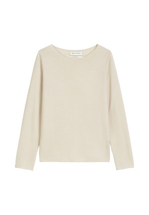 Beige Langarmshirt aus weichem Stoff, mit einem weiten, runden Ausschnitt und geradem Schnitt. Minimalistisches Design ohne Muster oder Akzente.