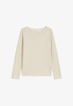 Beige langemouwen top van zachte stof, met een brede, ronde halslijn en rechte snit. Minimalistisch ontwerp zonder patronen of accenten.