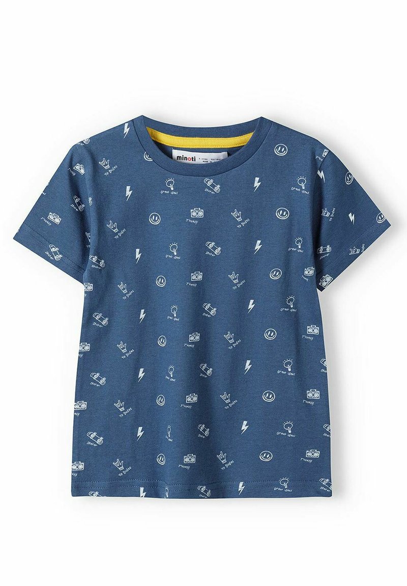 Camiseta de manga corta azul de algodón, con gráficos en blanco como rayos y cámaras. Cuello redondo con acabados amarillos en el interior.