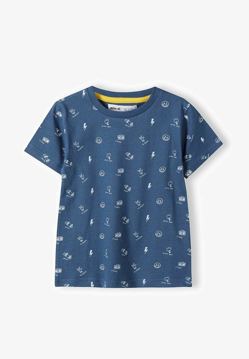 Lühikeste varrukatega sinine T-särk, mis on valmistatud puuvillast, omades valgeid graafilisi ikoone nagu välgud ja kaamerad. Ümar kaelus kollase äärisega seestpoolt.