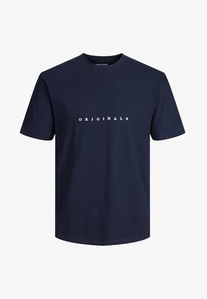 Granatowy bawełniany t-shirt z krótkim rękawem, okrągłym dekoltem i napisem "ORIGINALS" w białym kolorze na piersi. Standardowy krój.