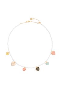 Beaded necklace with white glass seed beads, gold-tone hardware, and colorful heart-shaped charms featuring text in varied colors.