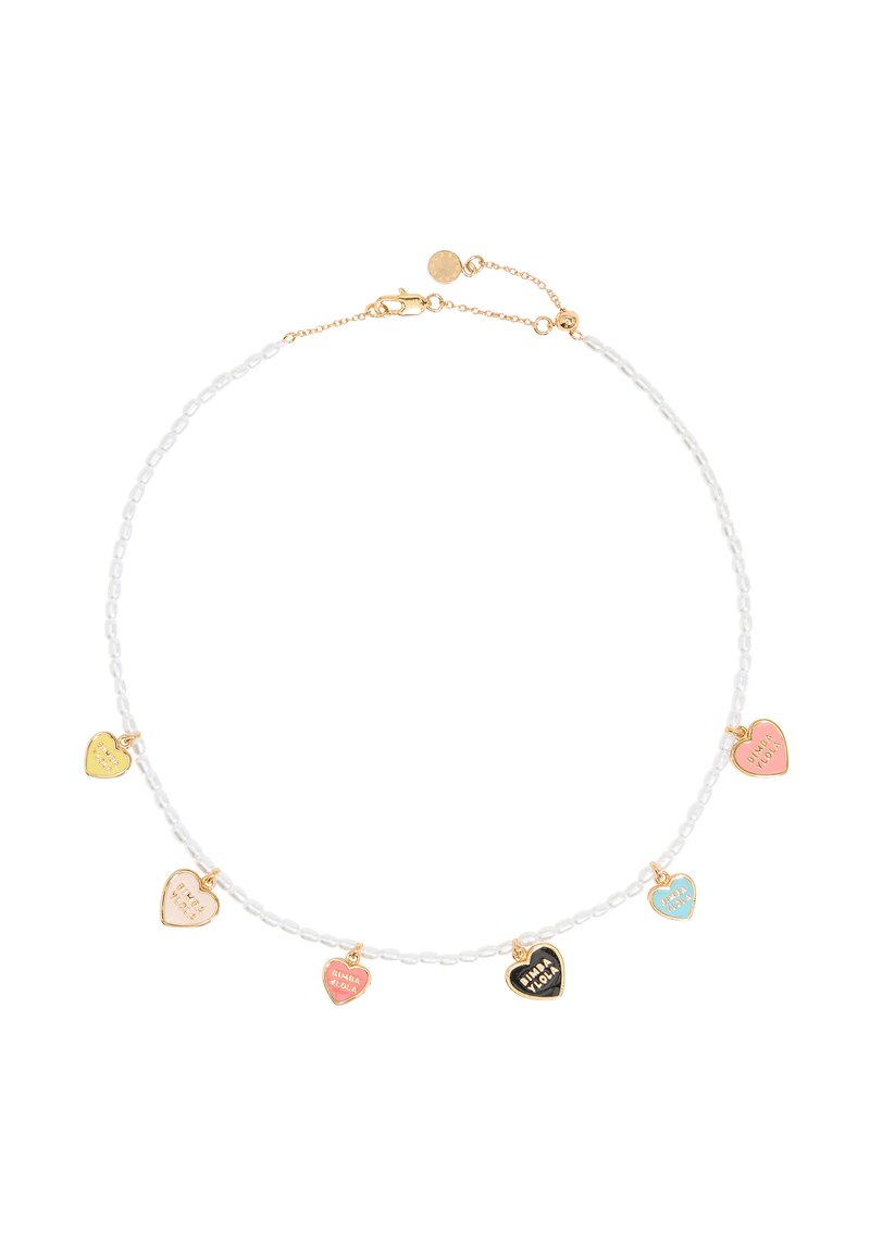 Beaded necklace with white glass seed beads, gold-tone hardware, and colorful heart-shaped charms featuring text in varied colors.